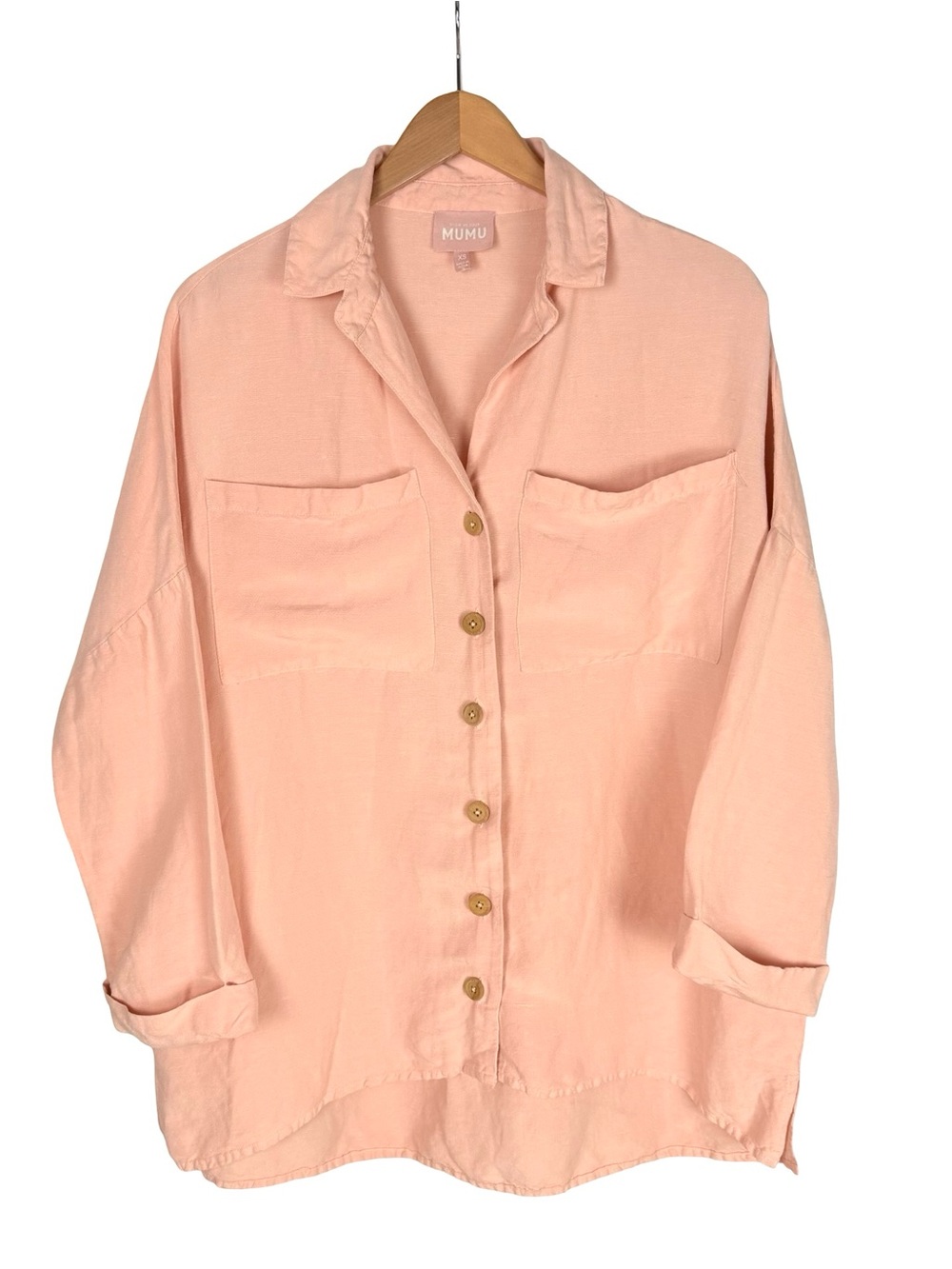 Show Me Your Mumu John Button Down Shirt Pink Linen Blend Oversized Size XS - Picture 3 of 9